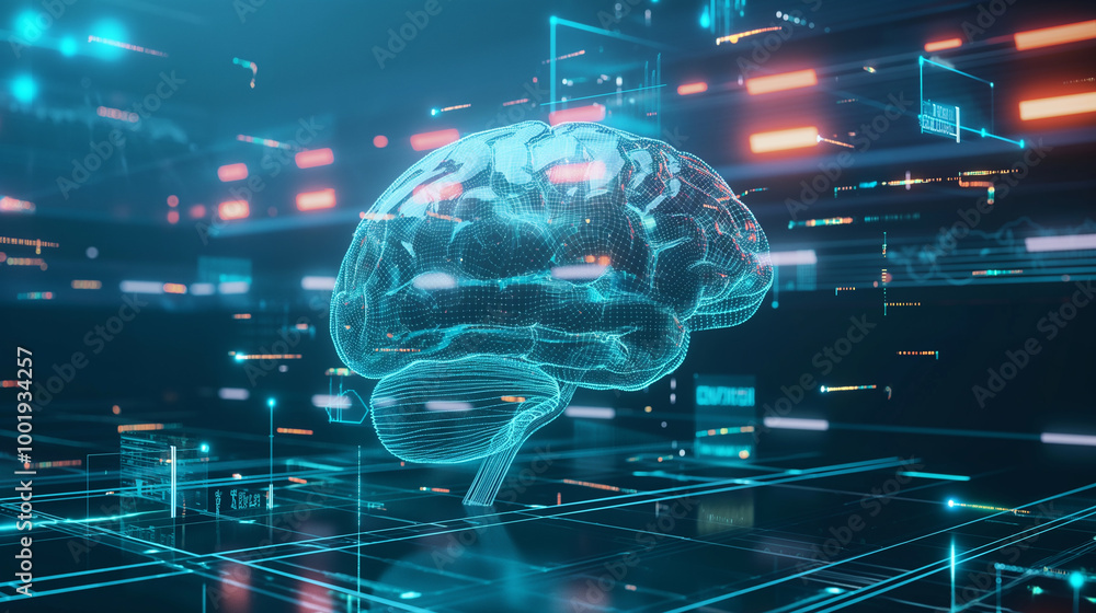 Poster holographic human brain with ai-driven circuits weaving through it, suspended in a futuristic blue s