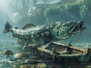 Pike Fish Leaping Out of Water Near Wooden Boat