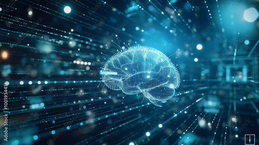 Poster holographic human brain with ai-driven circuits weaving through it, suspended in a futuristic blue s