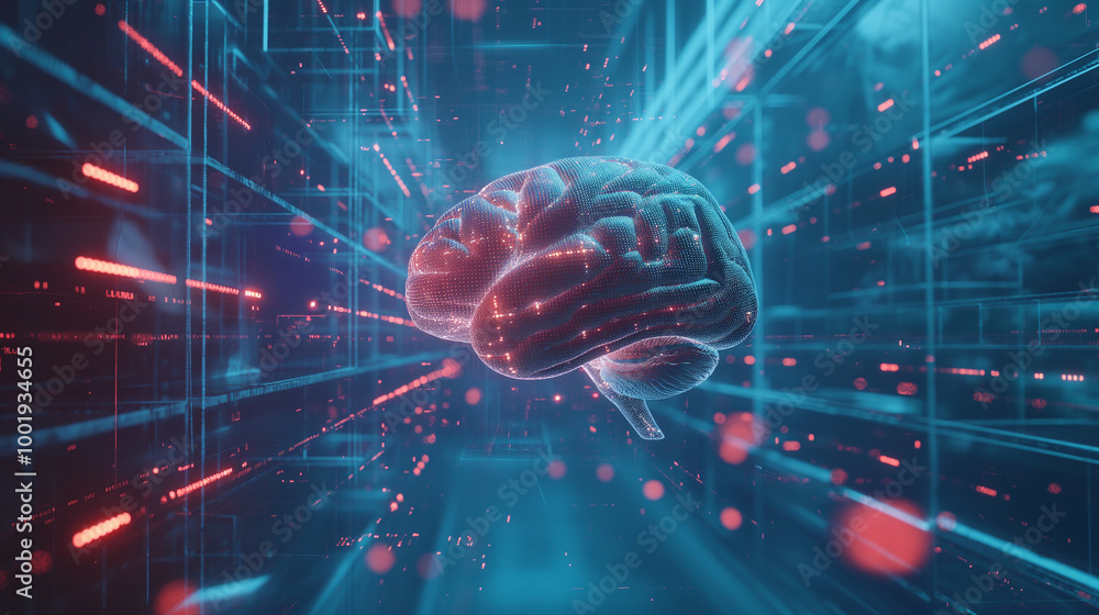 Poster holographic human brain with ai-driven circuits weaving through it, suspended in a futuristic blue s