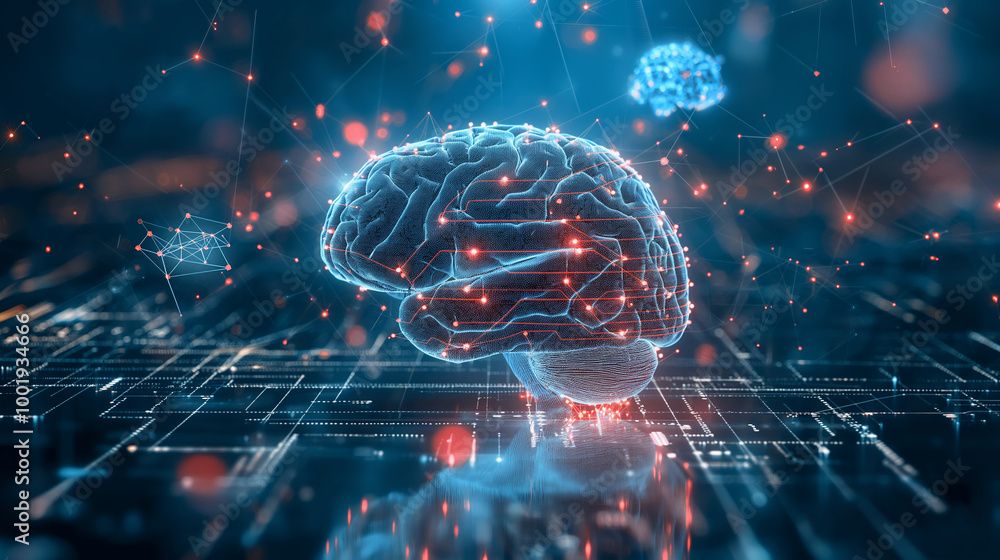 Poster holographic human brain with ai-driven circuits weaving through it, suspended in a futuristic blue s