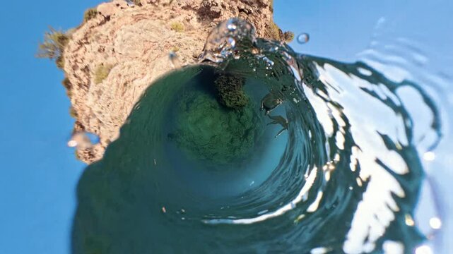 Snorkeler Explores Near a Rocky Formation, Captured in a Tiny Planet Perspective With Rippling Water.