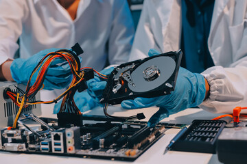 Obraz premium Electronics technician, electronic engineering electronic repair, electronics measuring and testing, repair and maintenance concepts.