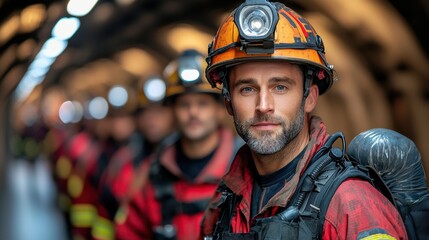 Emergency response team prepares for a rescue operation in an underground tunnel during a training...