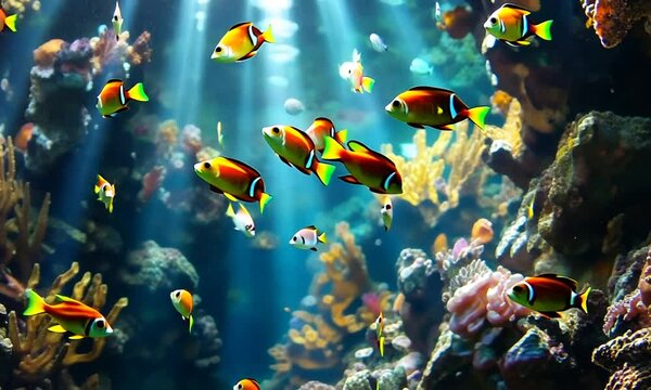 Colorful fish swimming in a vibrant underwater scene.