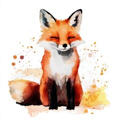 Watercolor painting of a stuffed fox with a bushy tail, on isolated white background
