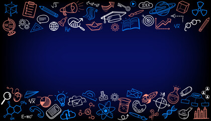 A decorative frame with glowing neon doodle icons for education and science on the top and bottom. This vector background includes copy space for text. Perfect for a presentation or web banner.