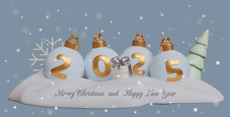 Merry Christmas 2025 greeting card. 3D illustration.