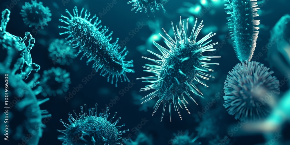 Poster 3d rendering of various pathogens in close up view