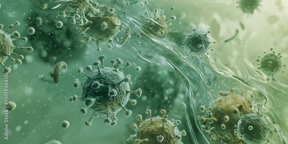 Poster close-up view of various pathogenic microbes in motion