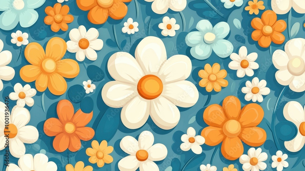 Poster Discover a vibrant s floral pattern, featuring colorful daisies and groovy designs, perfect for any retro project