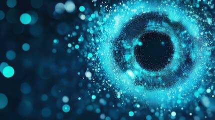 A futuristic, 2D illustration showcasing a blue eye, symbolizing cyber security amidst dynamic digital flows.