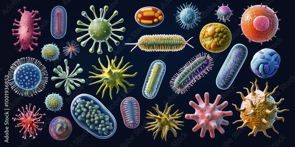 Poster detailed 3d rendering of various pathogens and microbes