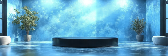 Empty product display stand with blue background