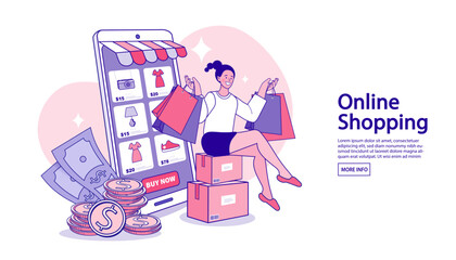 Internet digital store scene with woman on shopping. E-commerce advertising illustration. fast online delivery service. Hands holding a package box with groceries out of mobile screen. Food delivery.