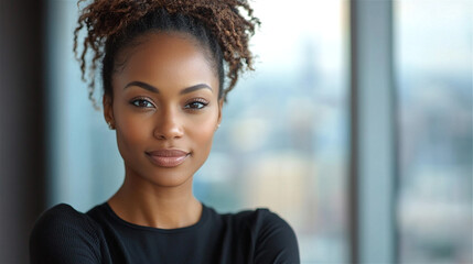 Female businesswoman black top curly hair with red tips smile