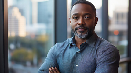 African-American male with bluish color shirt goatee with a bit of gray dark medium length hair