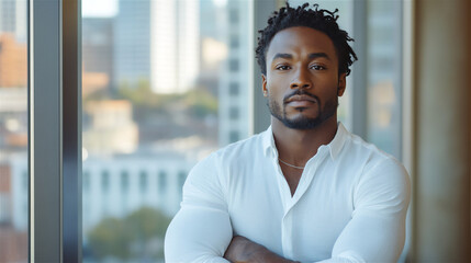 African-American male businessman, standing in front of window with white short arms folded with serious expression