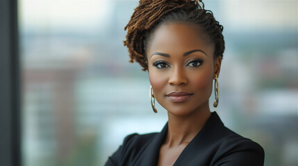African-American woman with black jacket businesswoman in front of large window with large earrings