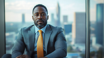 African-American male businessman wearing suit bluish gray color yellowish orange tie pleasure serious expression