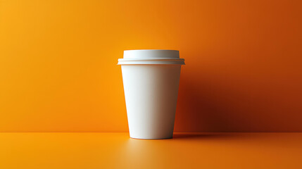 A sleek white coffee cup on a bright orange backdrop, ideal for branding and design mockups in coffee shops.