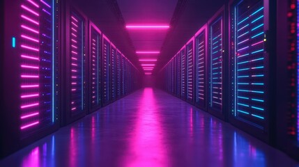 Experience a modern data center buzzing with bright blue lights, server racks, and the future of data technology.