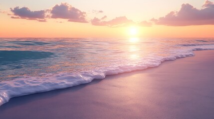 Fototapeta premium Sunset over a tranquil beach, warm light reflecting on the clear water