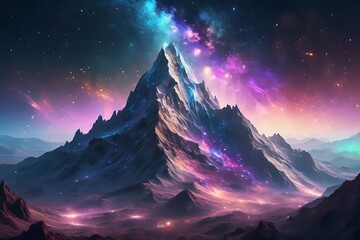 Majestic Mountain Peak Under a Cosmic Sky - Digital Art