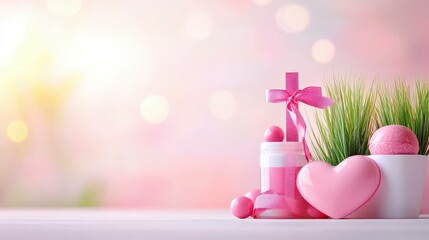 A collection of pink ribbon breast cancer awareness items, featuring hearts, crosses, and plants for support and hope.