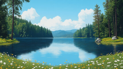 Fototapeta premium A serene lake nestled amongst lush green trees under a blue sky.