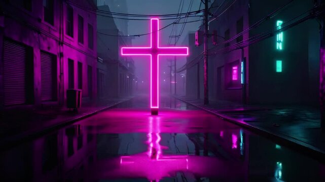Christian iconography in cityscape reflective wet streets glowing orange and pink. Loop Animation