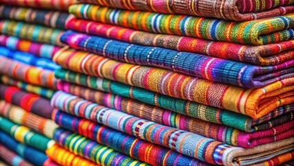 Loincloth multicolor handmade handwoven Thai traditional fabric textile style stacked on tree blurred background