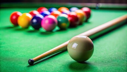 A billiards cue poised to strike a colorful ball on a green felt table , billiards, cue stick, pool, snooker, game