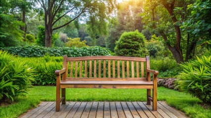 Obraz premium Wooden bench placed outside a home surrounded by lush green nature, outdoor, seating, wooden, bench, home, green, nature