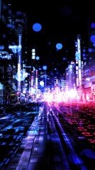 A vibrant city street at night with colorful lights and a dynamic atmosphere.