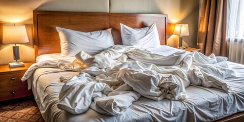 Messy hotel bed closeup with rumpled sheets, blankets, and pillows, disarray, untidy, disorder, sleep, relaxation