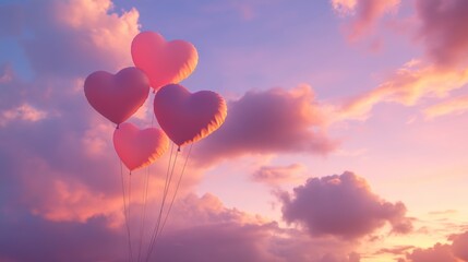 Fototapeta premium A romantic twilight sky with a few clouds shaped like intertwined hearts, glowing softly in pink and lavender hues