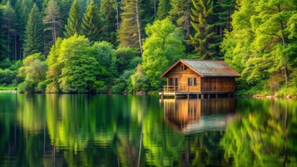 Obraz premium Boathouse situated on a serene lake surrounded by lush forest, boathouse, lake, forest, nature, tranquil, peaceful, waterside