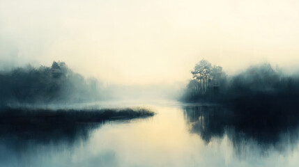 Charming Landscape Illustration in Muted Colors Evoking Serenity and Calmness