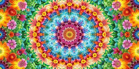 Obraz premium Vibrant abstract kaleidoscope pattern with colorful floral elements for creative projects and spiritual themes