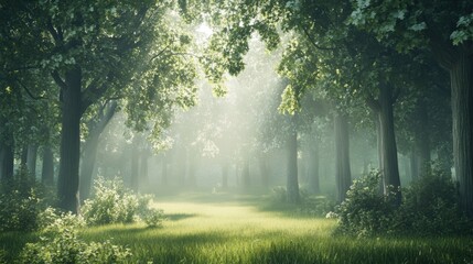 Obraz premium A serene morning in a misty forest, with light softly breaking through the foliage