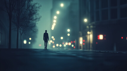 A solitary figure walks down a foggy city street, illuminated by distant streetlights, evoking a sense of mystery and tranquility in the urban night.