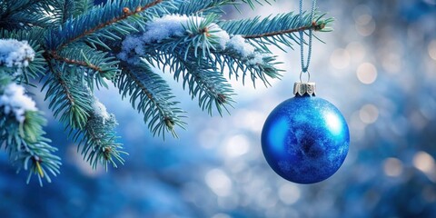 Blue Christmas ball hanging on a tree branch, festive, holiday, decoration, ornament, seasonal, winter, traditional, celebration