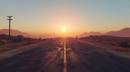 A straight, empty road through a desolate desert