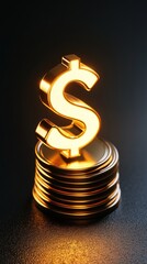 A glowing dollar sign atop a stack of coins, symbolizing wealth and finance.