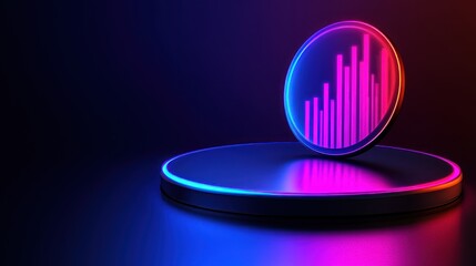 A digital coin with a bar graph design, illuminated in vibrant neon colors.