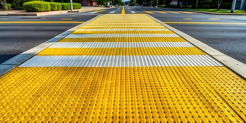 Yellow tactile crosswalk sidewalk intersection pavement with rumble nonslip surface for waiting to cross the road