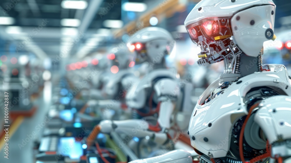 Poster futuristic robot in automated production environment