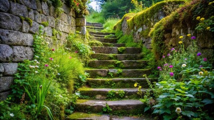 Overgrown stone staircase with moss and wildflowers , moss, wildflowers, nature, greenery, stairs, ancient, steps, weathered