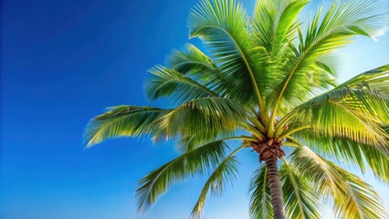 Fototapeta premium Coconut palm leaf tree against a clear blue sky, coconut palm, leaf, tree, tropical, sky, background, nature, green, exotic